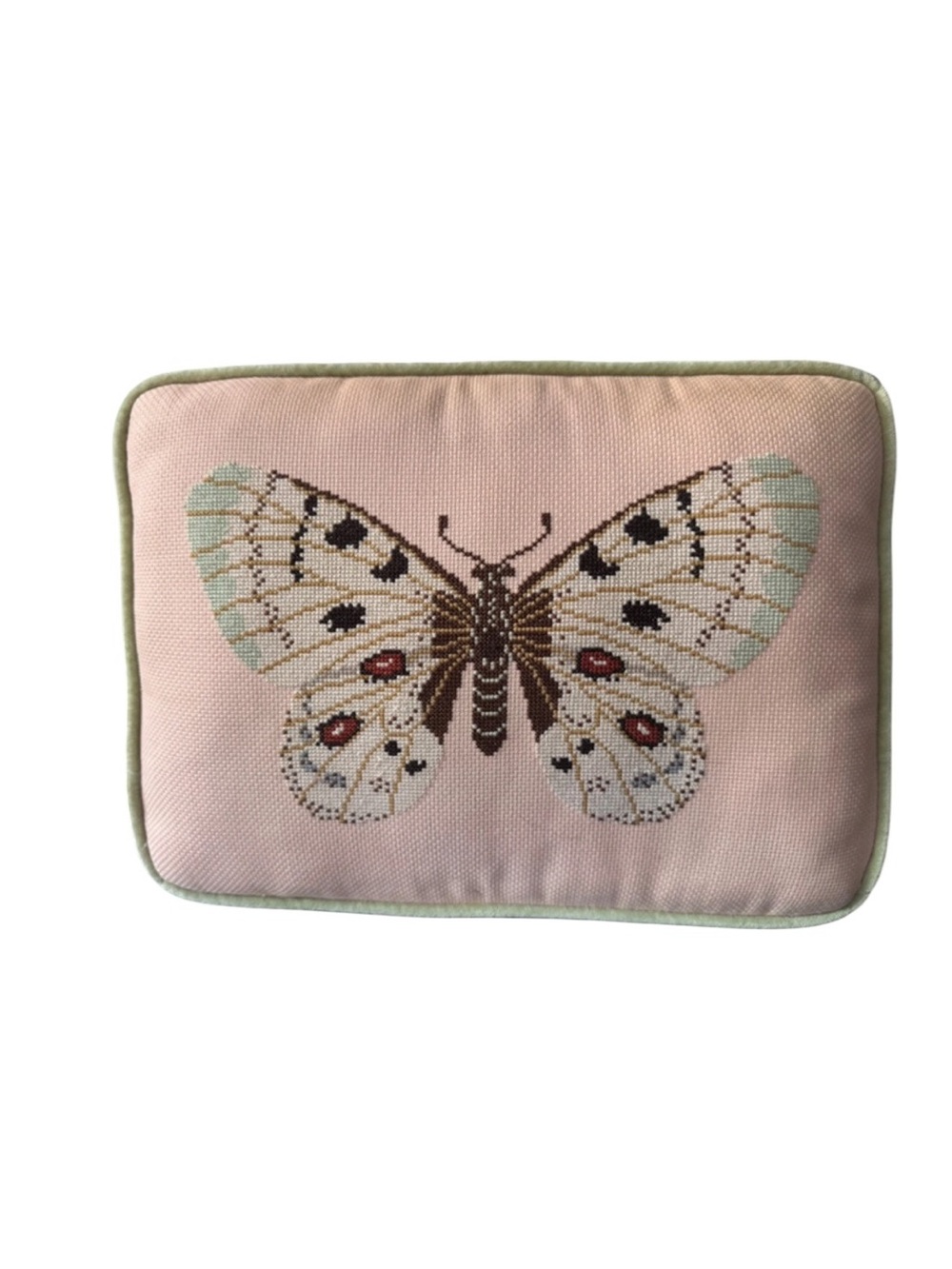 Pink Butterfly Embroidered Accent Pillow with Green Piping